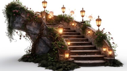 A staircase with lights on it and plants growing on it