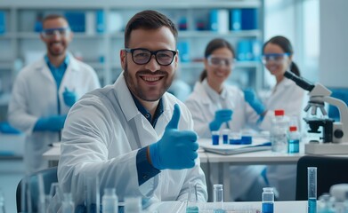 A happy male scientist wearing a white lab coat, blue gloves and glasses, modern laboratory, He's giving a thumbs up while smiling