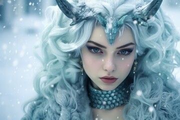 Enchanting winter fairy with icy blue hair and horns