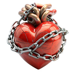 Red heart in chains closeup on a background of dirty old wall