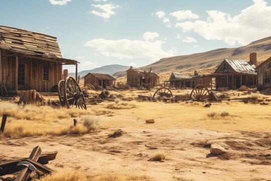 Abandoned western town with wooden buildings and old wagons