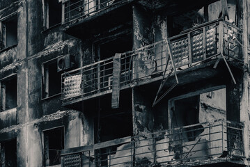 destroyed and burned houses in the city Russia Ukraine war