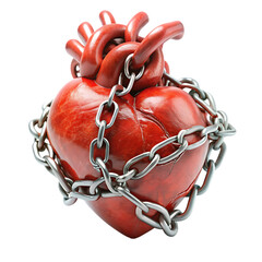 Red heart in chains closeup on a background of dirty old wall