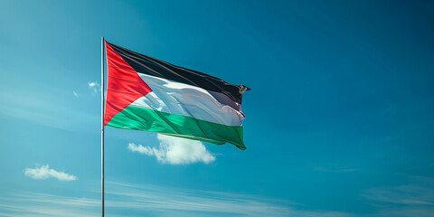 Palestine flag in the blue sky. Horizontal panoramic banner.