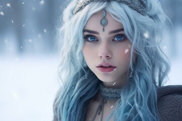 Mysterious winter goddess with icy blue hair and piercing eyes