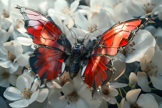 a large, Dark Ruby Red, Jet Black and Chrome metallic butterfly made from dodecahedrons - Powered by Adobe