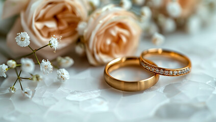 Two gold wedding rings with diamonds on them are placed on a white surface