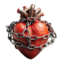 Red heart in chains closeup on a background of dirty old wall