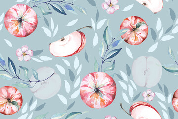 Seamless pattern apple and flower painted watercolor.Designed for fabric luxurious and wallpaper, vintage style.Hand drawn floral pattern illustration.Fruit pattern background.
