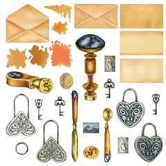 Watercolor old mailing empty envelope, seals, spoon for melting sealing wax, silver and gold heart-shaped locks, keys and old stamps. Watercolor illustration for design template