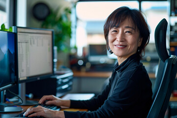 A poised Asian woman smiles at the camera while working at a dual-monitor computer setup in a well-lit office environment