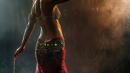close up of a belly dancer, belly dancer in studio, arabian dancer on cool background