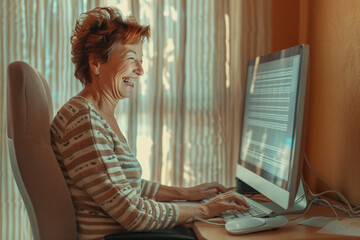 An elderly woman laughs while using a computer at home, providing a sense of joy and comfort with technology in later life