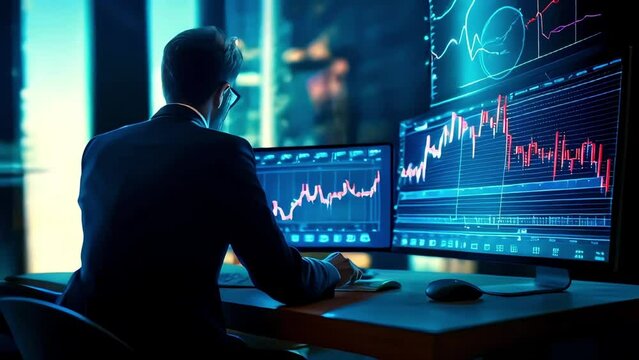 A businessman in a business suit works in an office, studying the schedules of financial activities, compiling business reports, calculating profits, creating strategies for even more earnings.