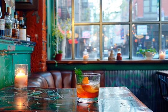 A refreshing cocktail with a twist of orange and mint garnish, served on a vintage table in a cozy, warmly lit bar atmosphere