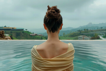 With hills framing the horizon, a woman wrapped in a towel enjoys the serenity of a pool, embodying tranquility and luxury