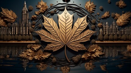 Autumn cityscape with maple leaf emblem