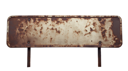 Weathered and rusty metal signboard mounted on two poles, cut out