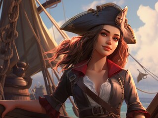 Pirate woman with flowing red hair and a tricorn hat