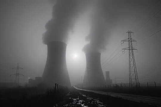 A mystic and moody monochrome shot of cooling towers emitting steam into a foggy sky, with power lines running alongside
