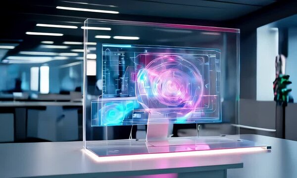 
Cutting-edge technology, a pioneering business hub, and holographic computer screens illuminate the vibrant office space.