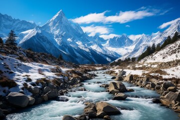 Obraz premium Majestic snow-capped mountains and a rushing river in a winter landscape