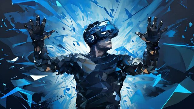 A man in virtual reality glasses who found himself in the looking glass of real life, a parallel world, new technologies.