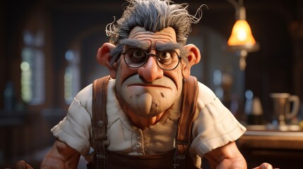 Grumpy old man with glasses and messy hair