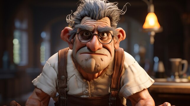 Grumpy old man with glasses and messy hair