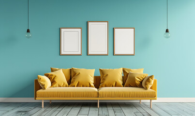 View of living room in minimal style with yellow sofa and fiddle fig on laminate floor