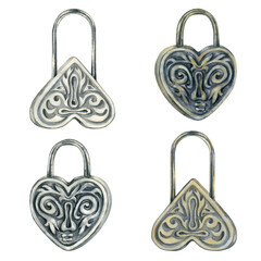 Silver and gold heart-shaped locks from an antique writing set. Watercolor illustration for design...