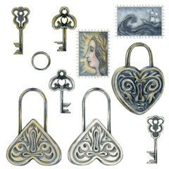 Silver and gold heart-shaped locks, keys and old stamps. Watercolor illustration for design...