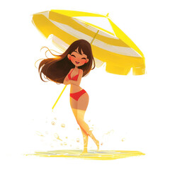 illustration of a young woman in a red bikini holding a large yellow umbrella isolated on transparent background