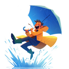 illustration of a smiling young man with tousled hair holding a blue umbrella while splashing in a rain puddle isolated on transparent background