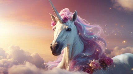 Naklejka premium Magical unicorn with pink mane and flowers