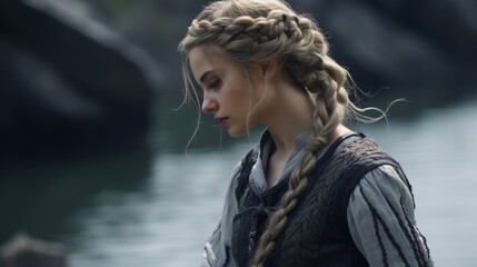Braided hairstyle of a woman in a dark outfit