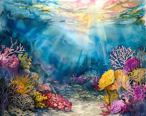 Capture the essence of a utopian underwater world in a watercolor painting, portraying colorful coral reefs, exotic sea creatures, and tranquil sunlight filtering through the waves