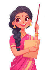 illustration of Indian teacher woman holding a pointing stick isolated on transparent background