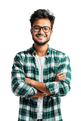 Happy indian IT guy with crossed arms isolated on transparent background
