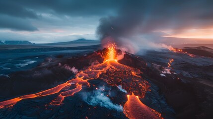 The fierce beauty of an active volcano in Iceland,with streams of red lava flowing intothe surrounding black sand and smoke plumes
