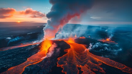 The fierce beauty of an active volcano in Iceland,with streams of red lava flowing intothe surrounding black sand and smoke plumes