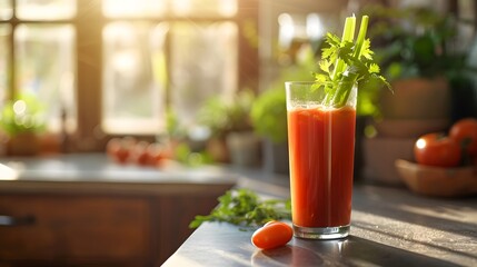 a glass of organic tomato juice with a celery stick, sharply detailed and centered on a bright...