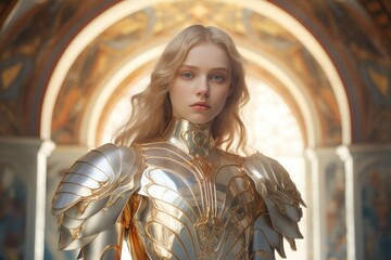 Armored fantasy warrior woman with golden armor and flowing blonde hair