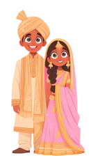 Cute Indian bride and groom standing together isolated on transparent background, png