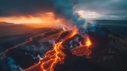 Fototapeta premium The fierce beauty of an active volcano in Iceland,with streams of red lava flowing intothe surrounding black sand and smoke plumes