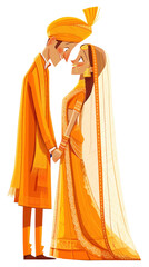 Cartoonish illustration of Indian bride and groom for Haldi ceremony isolated on transparent background