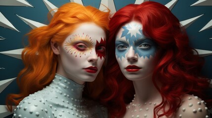 Obraz premium Two women with vibrant red hair and intricate face paint