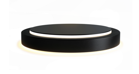 A black and white photo of a round table with a white background