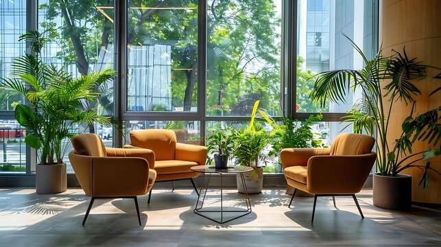 Modern Coworking Lounge: Comfortable Armchairs, Green Plants, Workspace