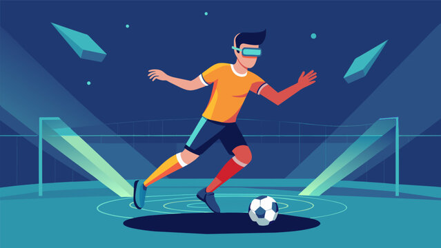 A soccer player practices their footwork and agility in a virtual stadium using a VR training program to improve their skills and reaction time.. Vector illustration